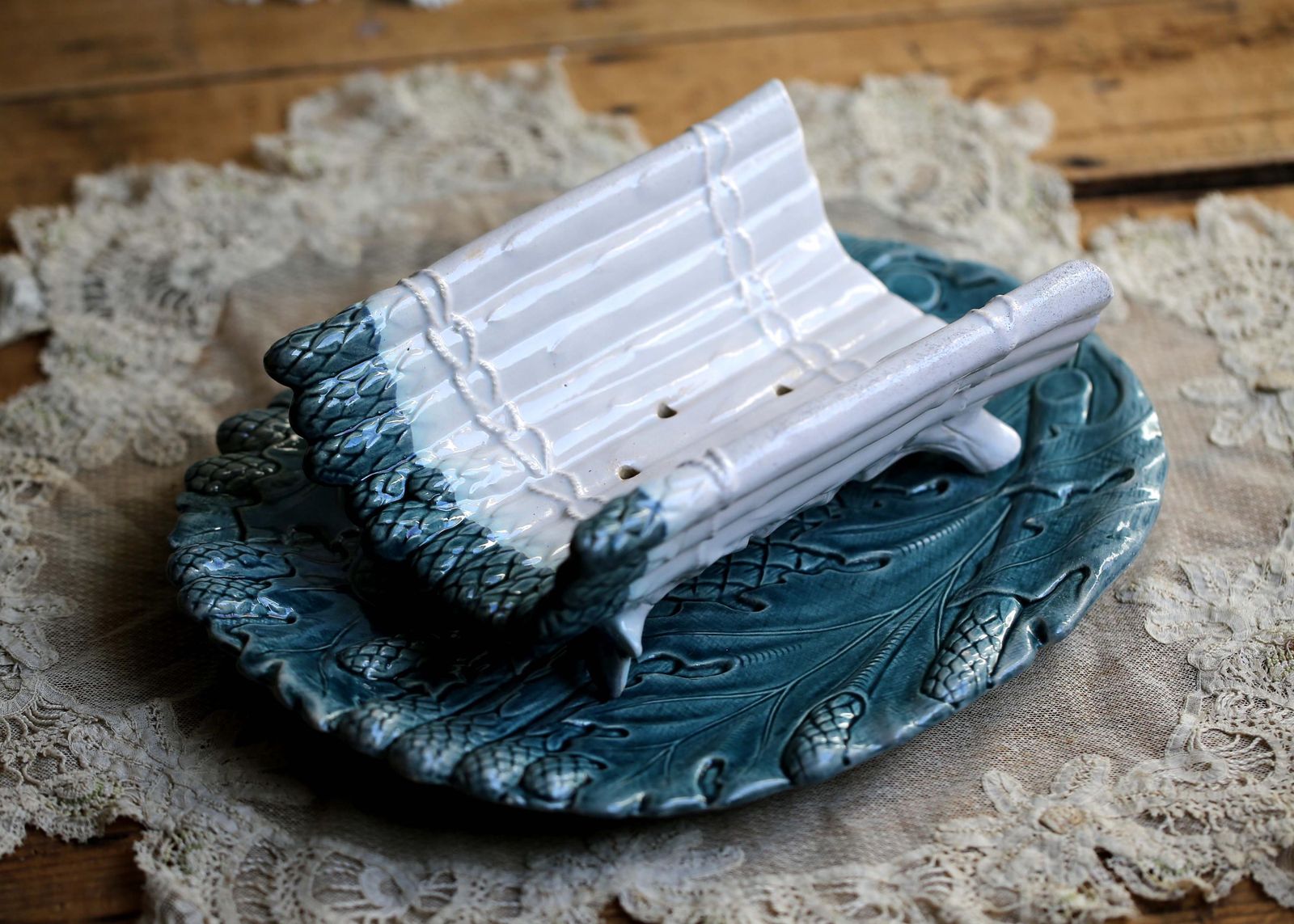 Antique Asparagus Set Drainer & Plate French Majolica Artichoke Serving Platter K.G Luneville photo for sale