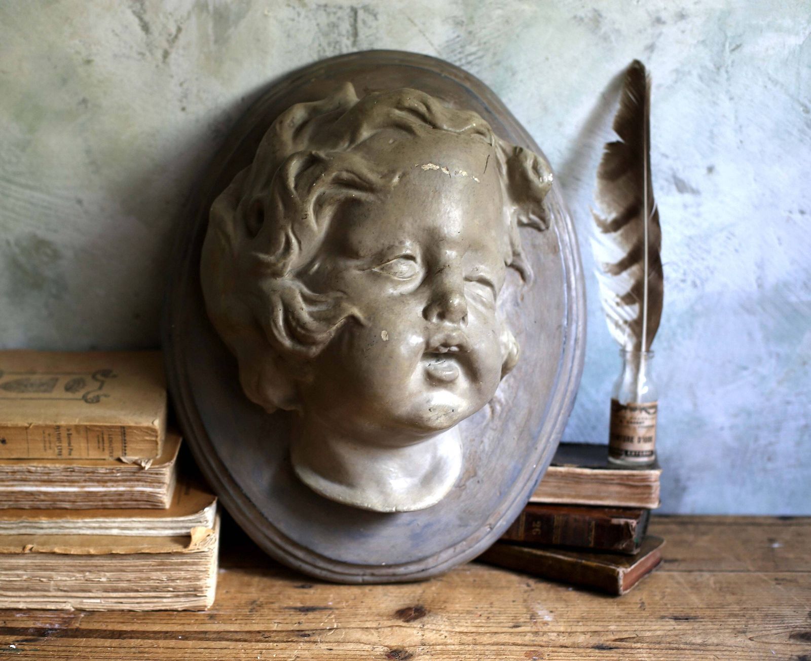 Large Antique Cherub Wall Plaque Angel Face High Relief Cupid Hanging Neoclassical Putti photo furniture