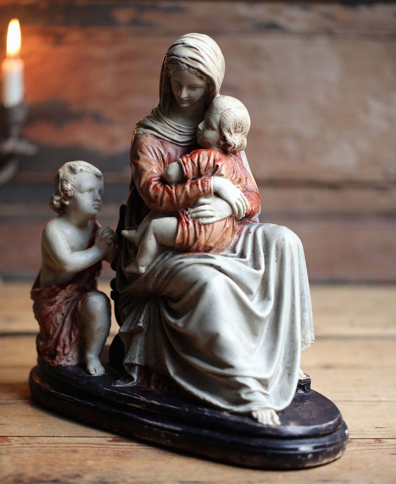 Antique French Memento Mori Chalkware Statue: Madonna, Jesus, Saint John photo Home Decor
