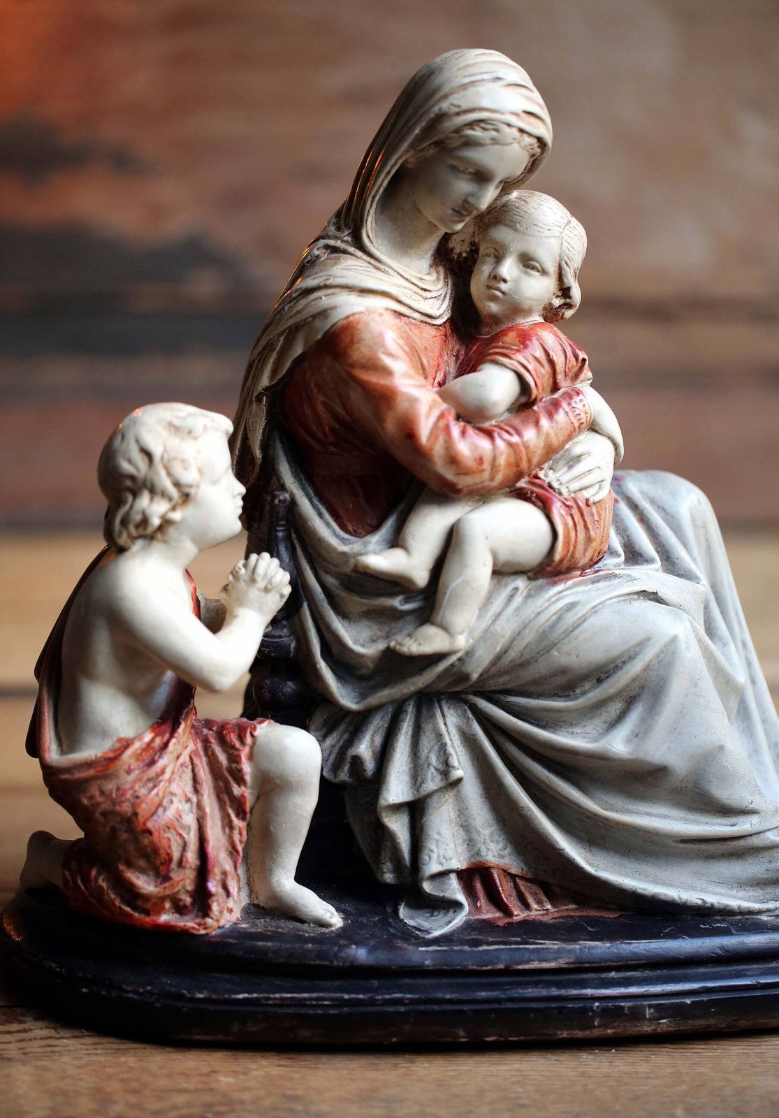 photo for sale Antique French Memento Mori Chalkware Statue: Madonna, Jesus, Saint John