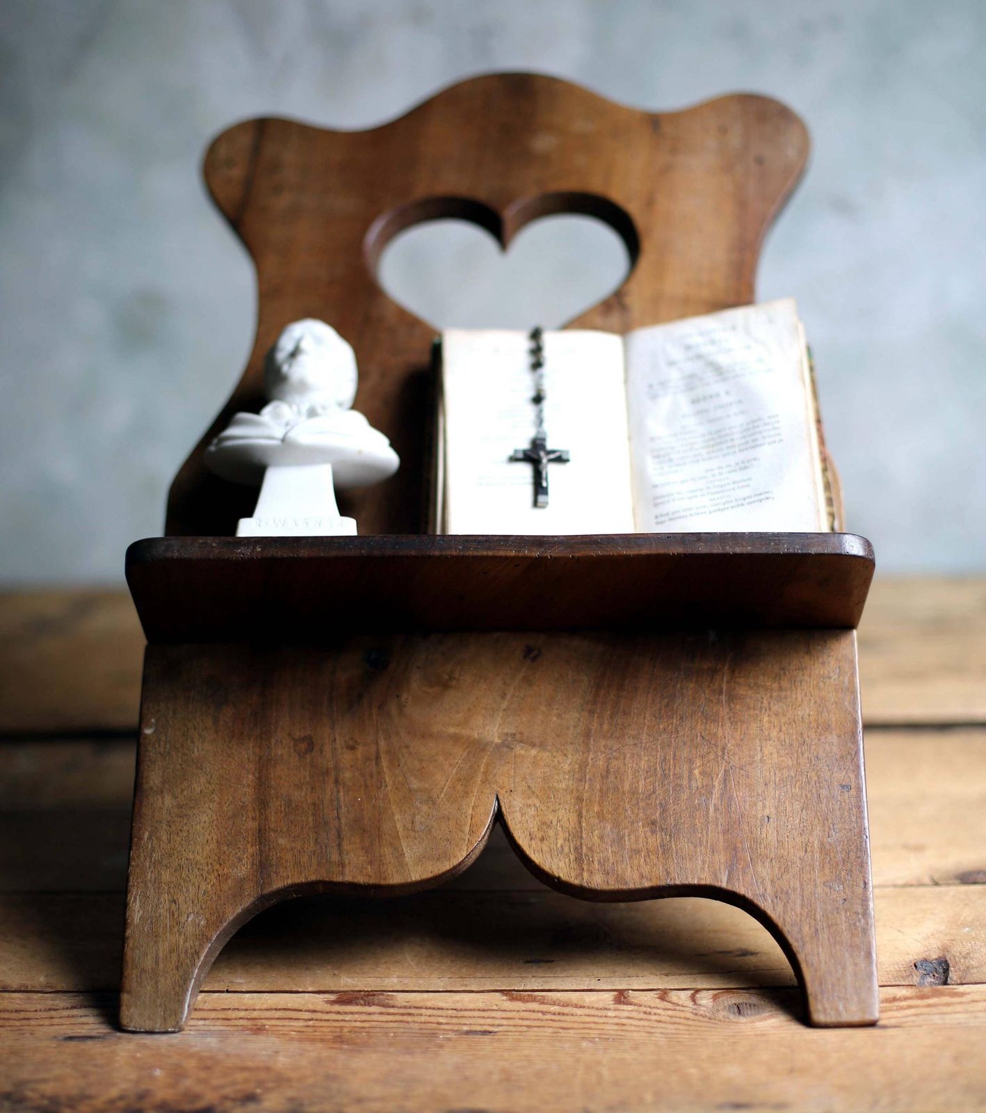 Antique Folding Book Stand: Hand Carved Wooden Bible Holder With Heart Detail