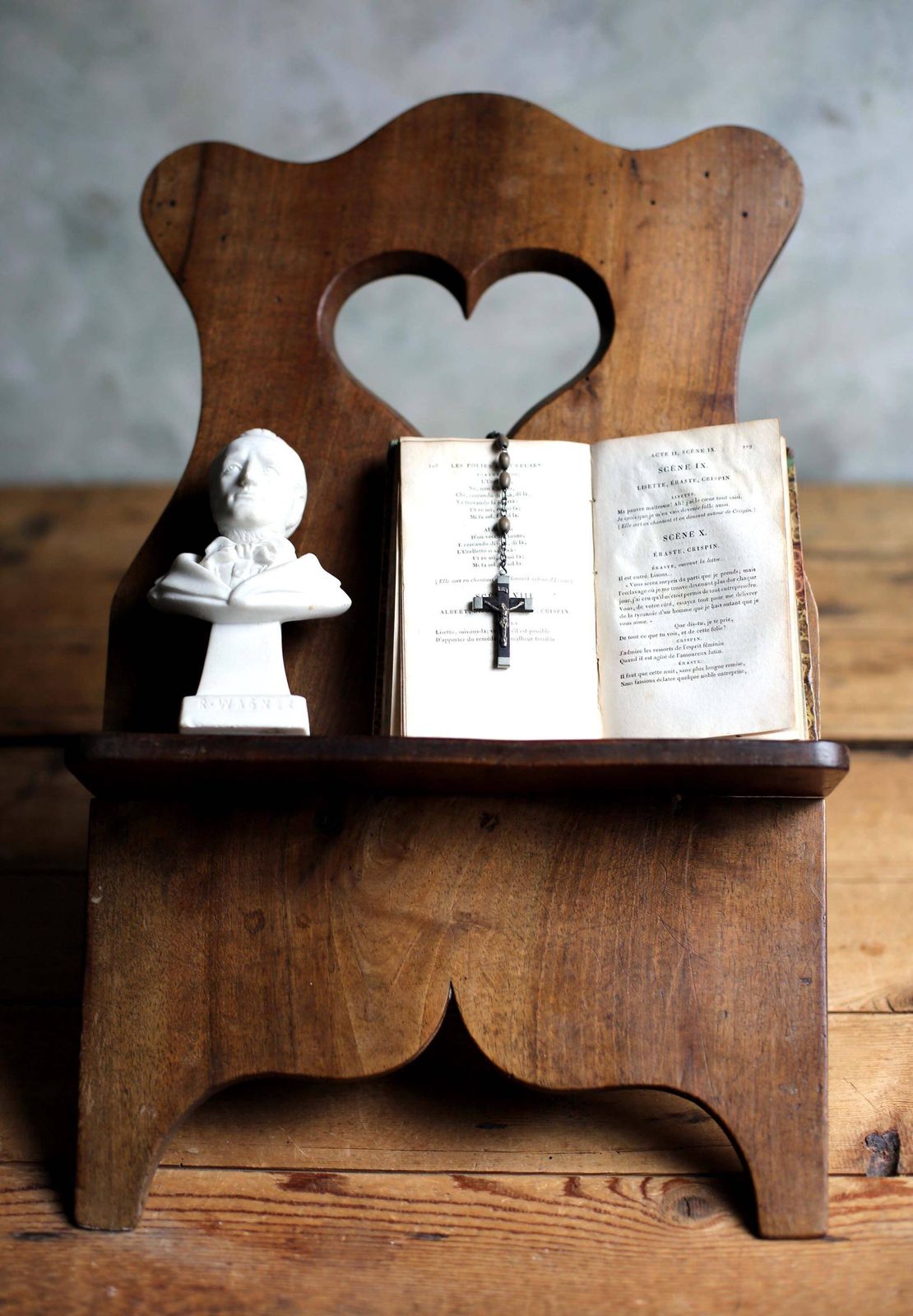 Antique Folding Book Stand: Hand Carved Wooden Bible Holder With Heart Detail photo furniture