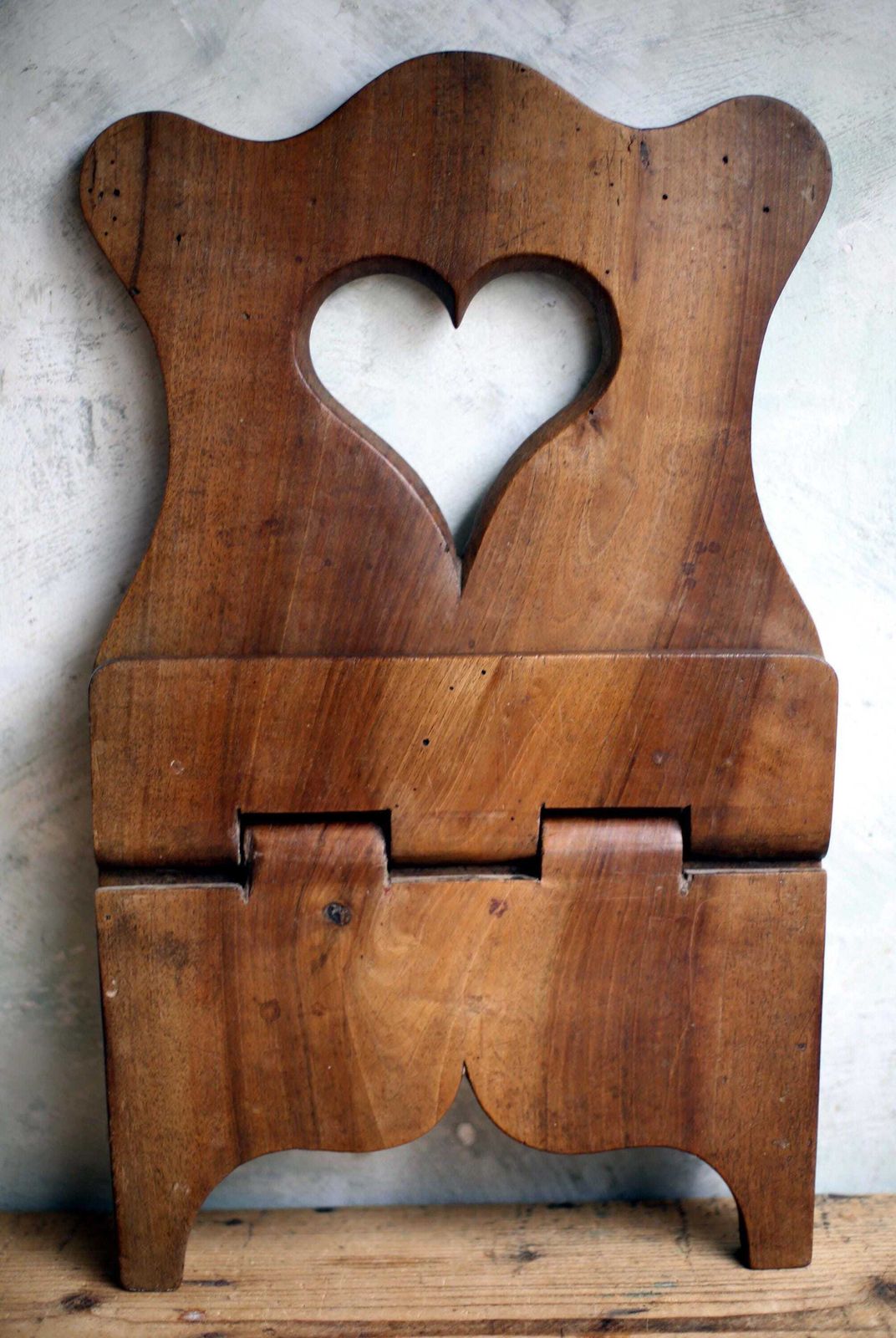Antique Folding Book Stand: Hand Carved Wooden Bible Holder With Heart Detail photo vinterior