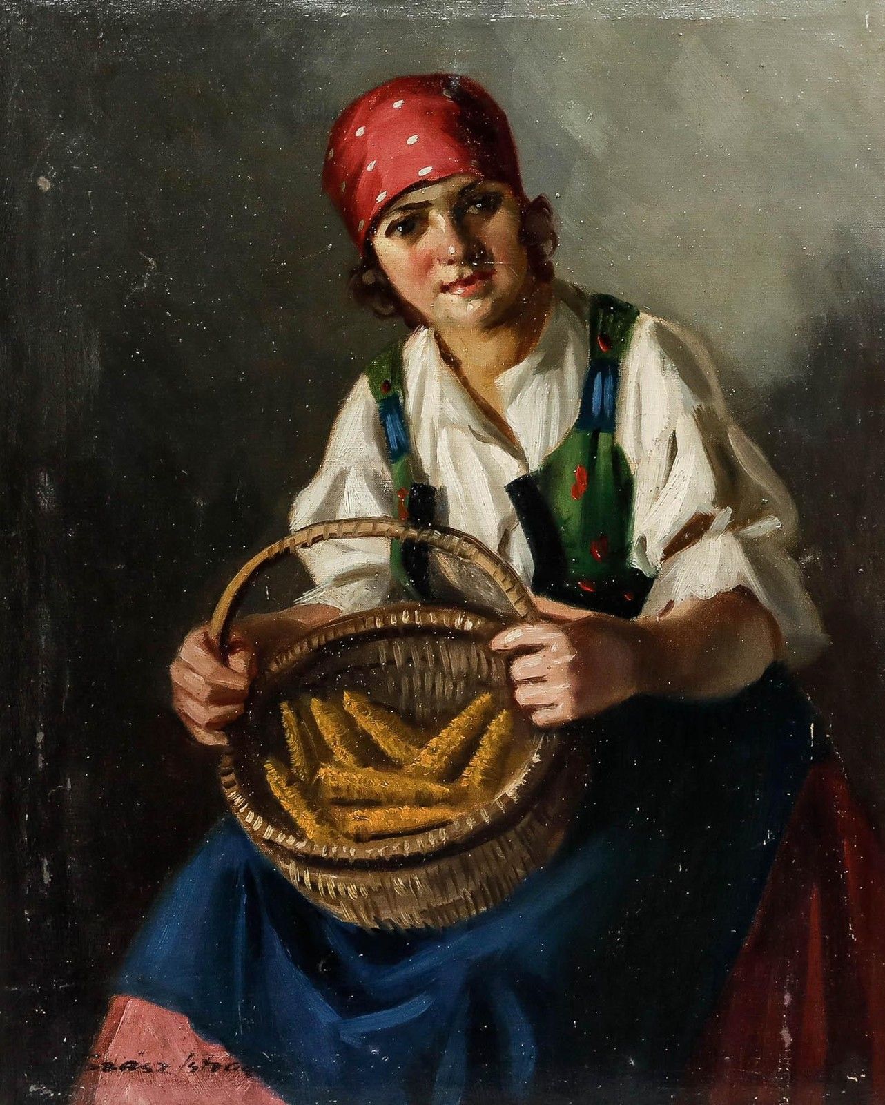 Istvan Szasz (1878 1965) Mid 20th Century Oil, Girl With Basket Of Corn photo furniture