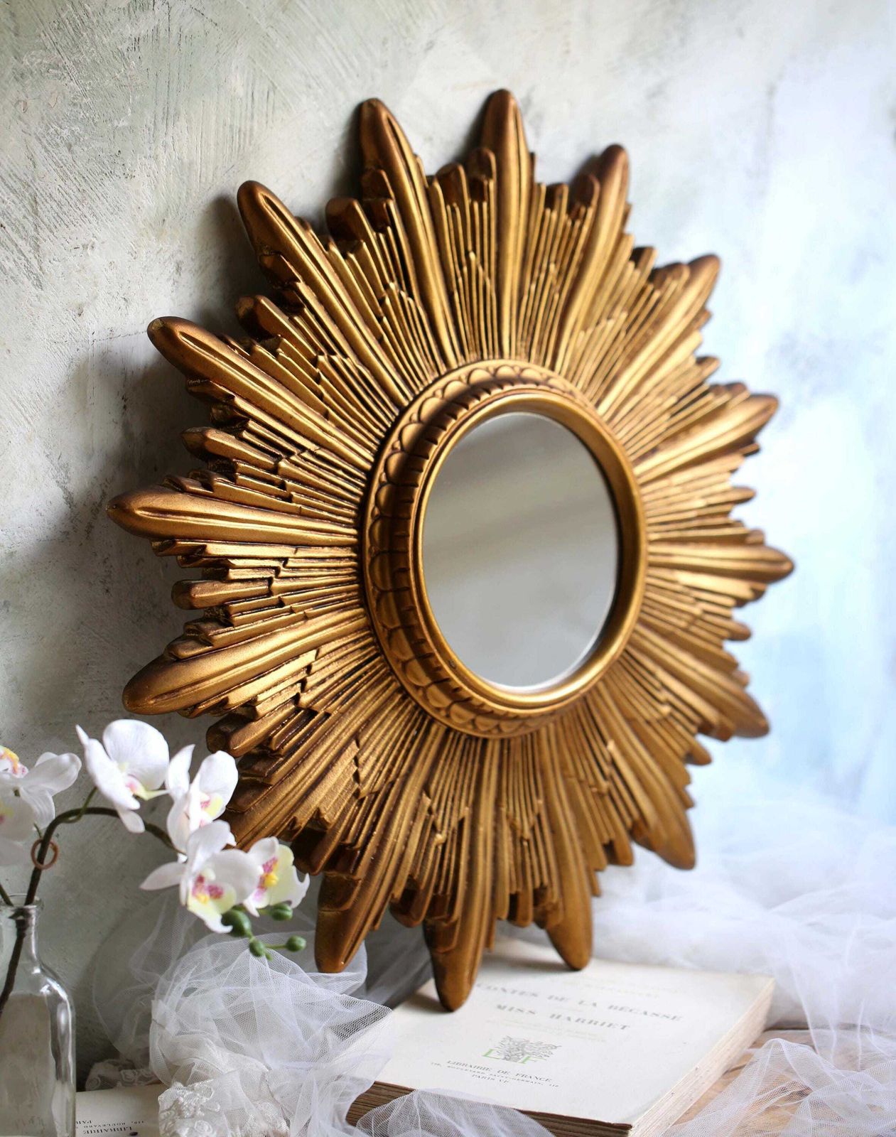 Large Antique French Gold Sunburst Mirror Plaster Sun Burst Star photo furniture
