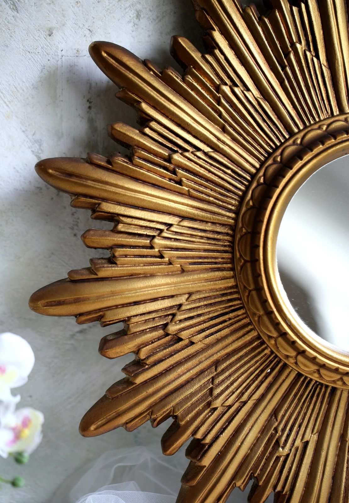 Large Antique French Gold Sunburst Mirror Plaster Sun Burst Star photo for sale