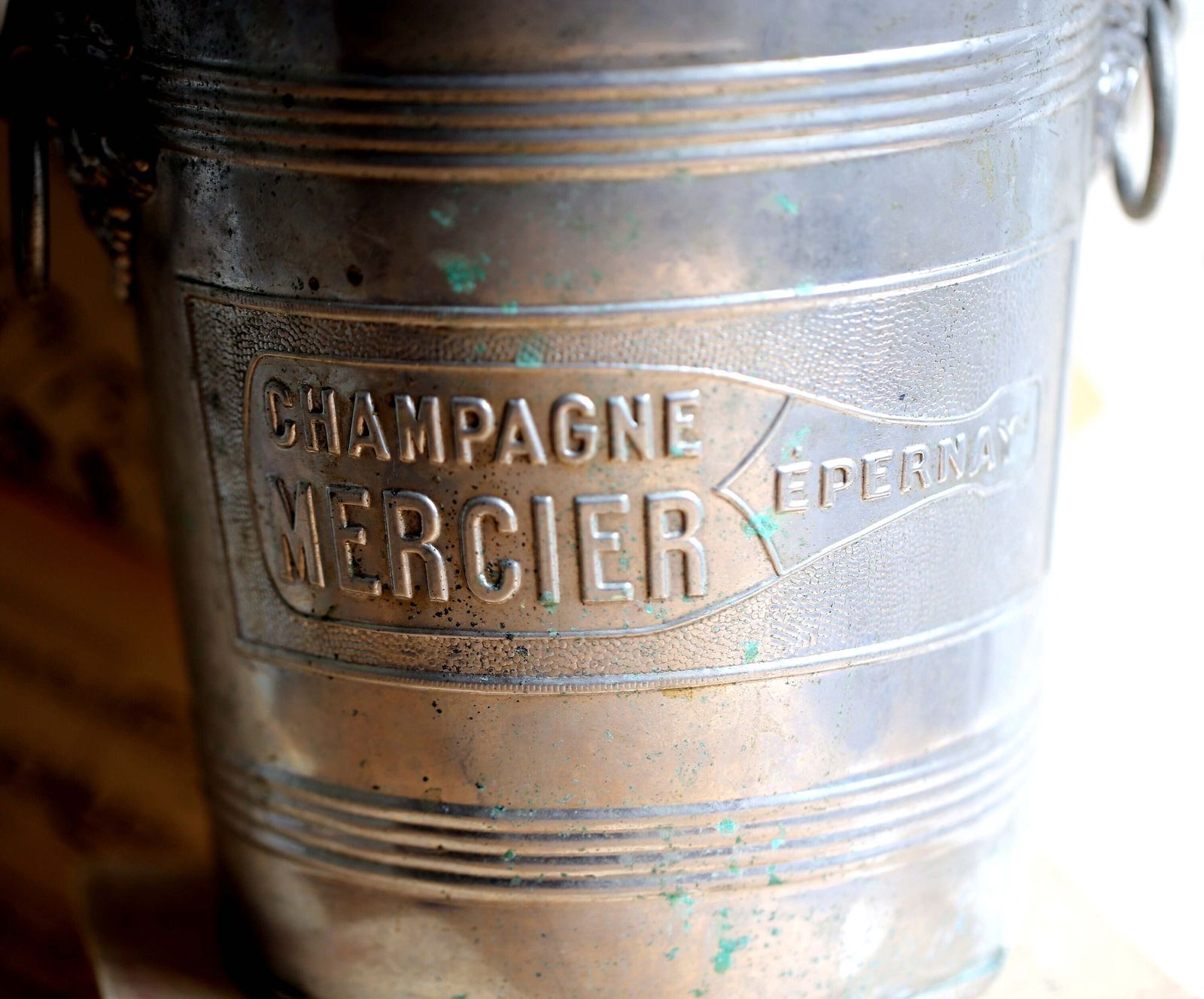 Antique French Mercier Champagne Bucket: Metal Wine Cooler photo vinterior