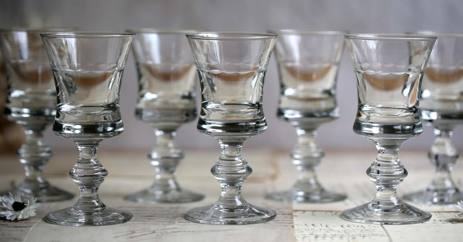 Set Of 7 Antique Glasses For Aperitif Handblown French Etched Sherry Port Glass photo vinterior
