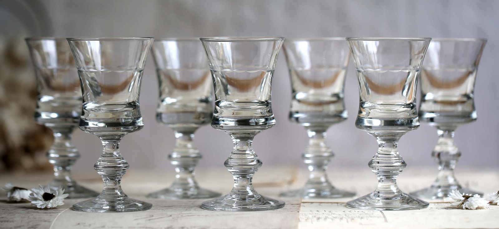 Set Of 7 Antique Glasses For Aperitif Handblown French Etched Sherry Port Glass photo buy