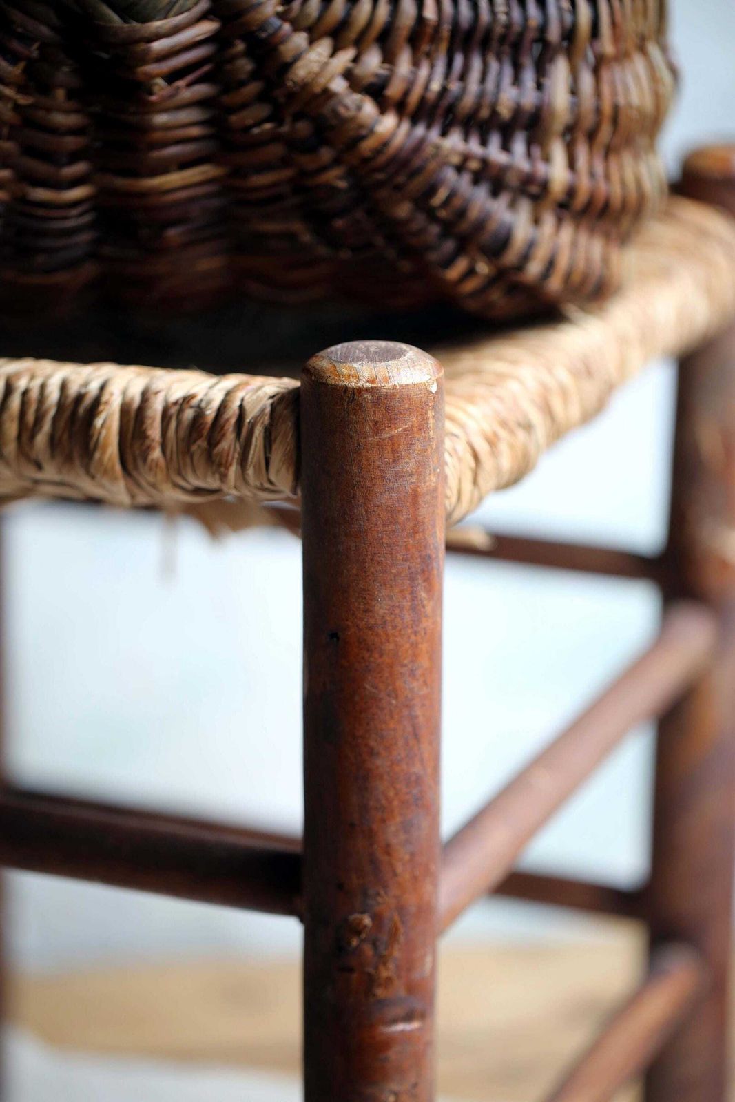 Antique French Wooden Stool With Woven Straw Seat photo vinterior