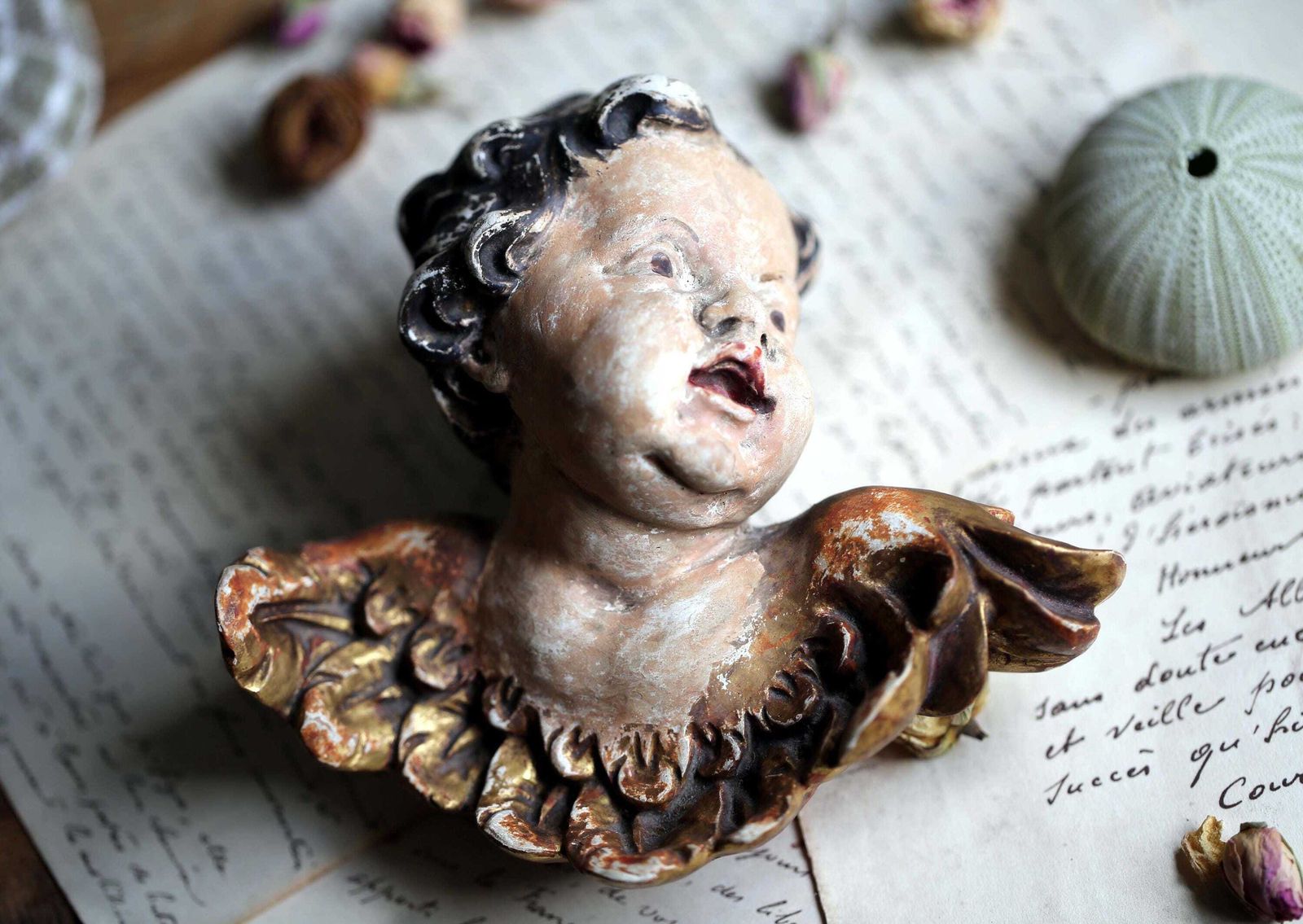 Wall Plaque Gilded Winged Cherub Bas Relief Cupid Renaissance Style Putti photo for sale