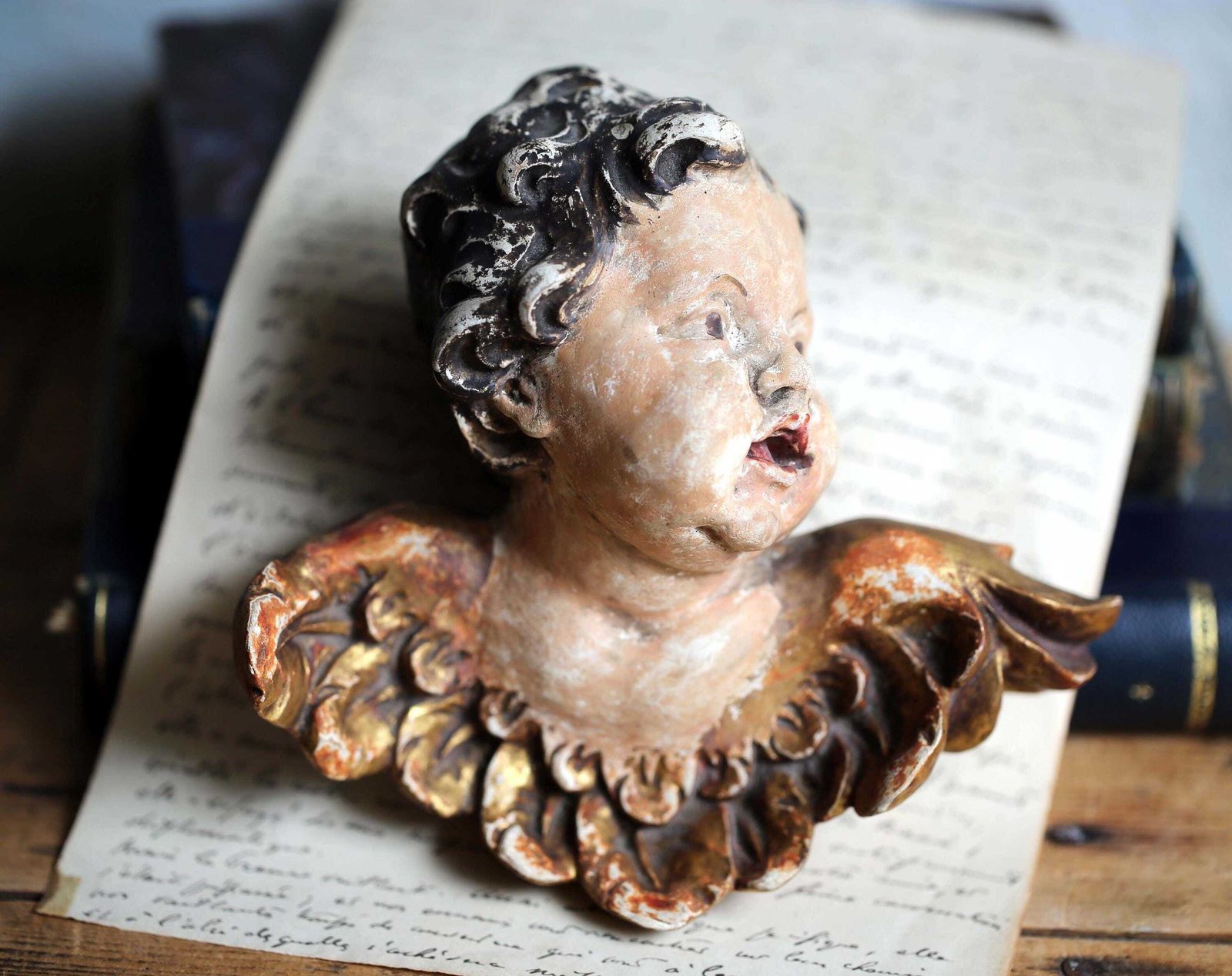 Wall Plaque Gilded Winged Cherub Bas Relief Cupid Renaissance Style Putti photo buy