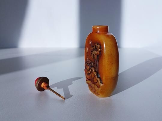 Early 20th Cen. Chinese Soapstone Zhusha Bottle And Seal With Carved Lotus And Lily Pad Relief photo for sale
