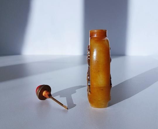 Early 20th Cen. Chinese Soapstone Zhusha Bottle And Seal With Carved Lotus And Lily Pad Relief photo Home Decor