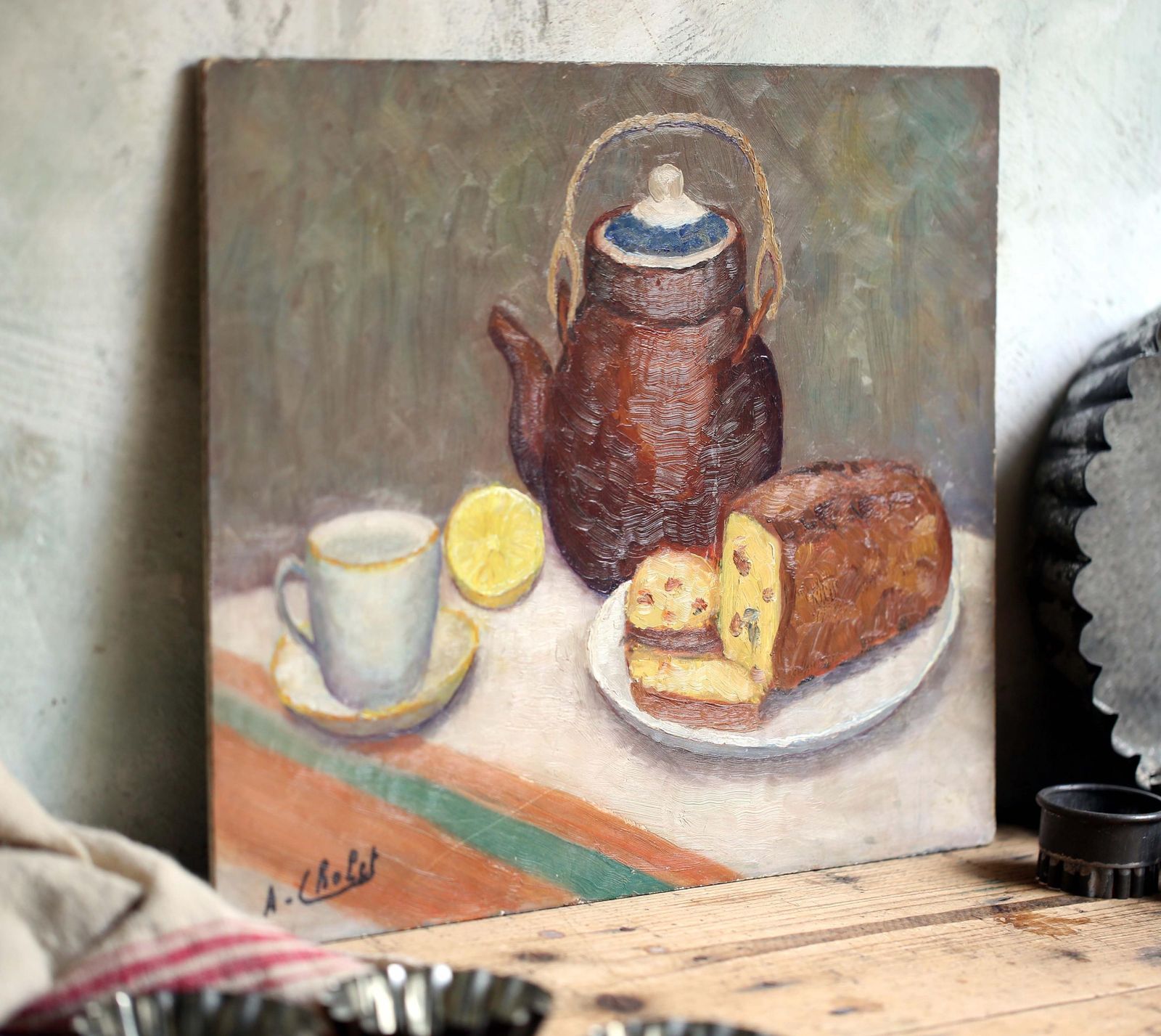 Original Impasto Oil Painting Still Life Kitchen Art Signed French Expressionism A Cholet photo vintage