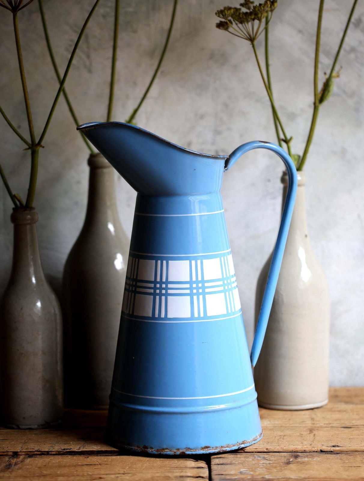 Large Antique Blue & White Check Enamel Pitcher French Metal Jug Art Deco Lustucru