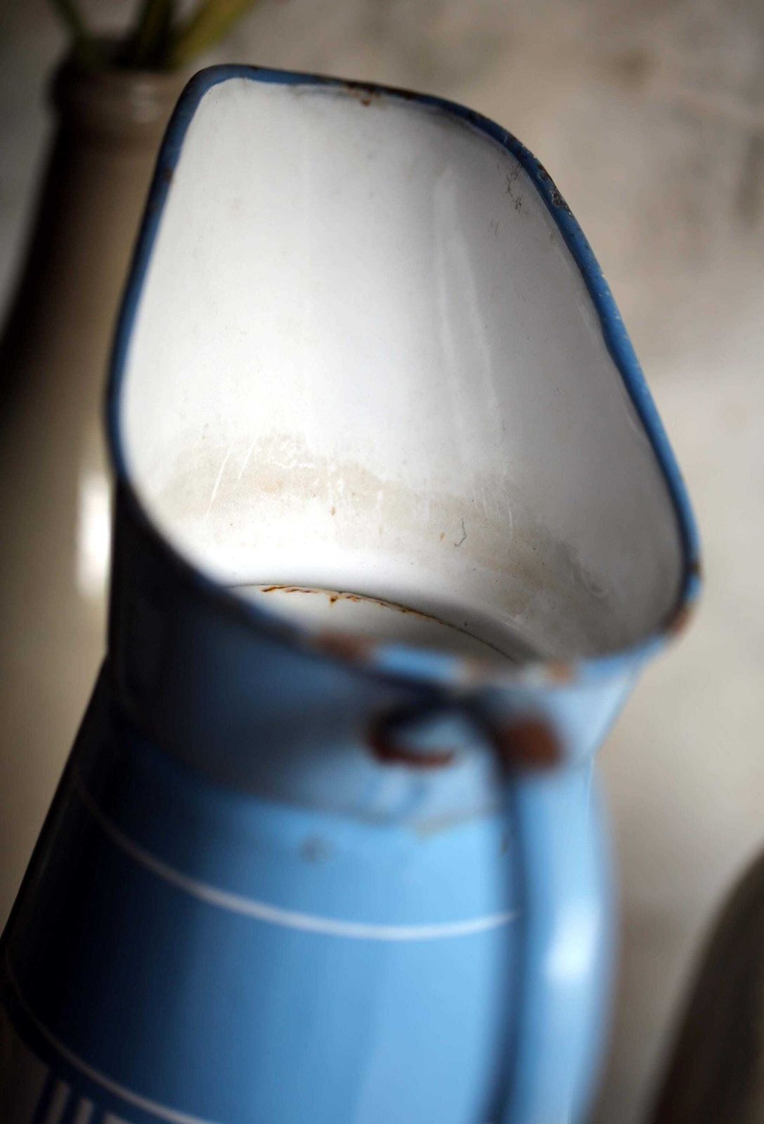 Large Antique Blue & White Check Enamel Pitcher French Metal Jug Art Deco Lustucru photo Home Decor