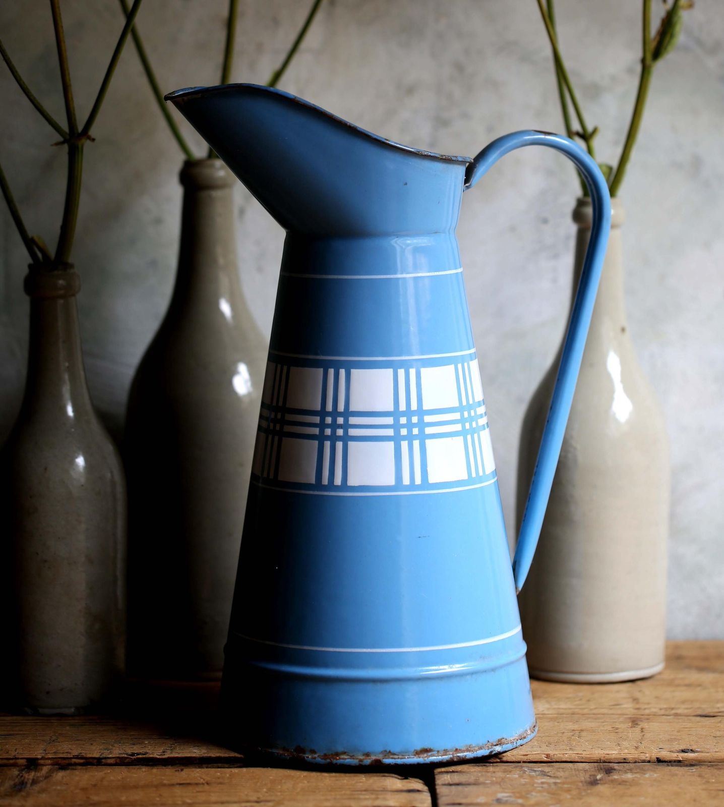 Large Antique Blue & White Check Enamel Pitcher French Metal Jug Art Deco Lustucru photo 136.0