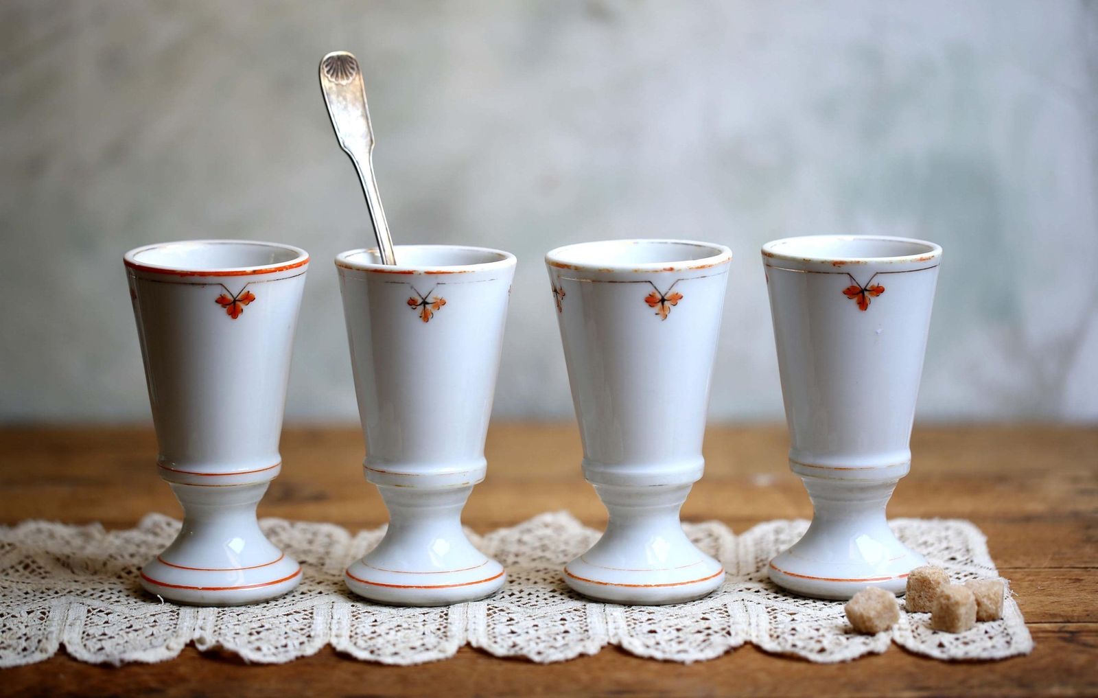 Antique French Bistro Cups Chunky Porcelain Coffee Goblets Set Of 4