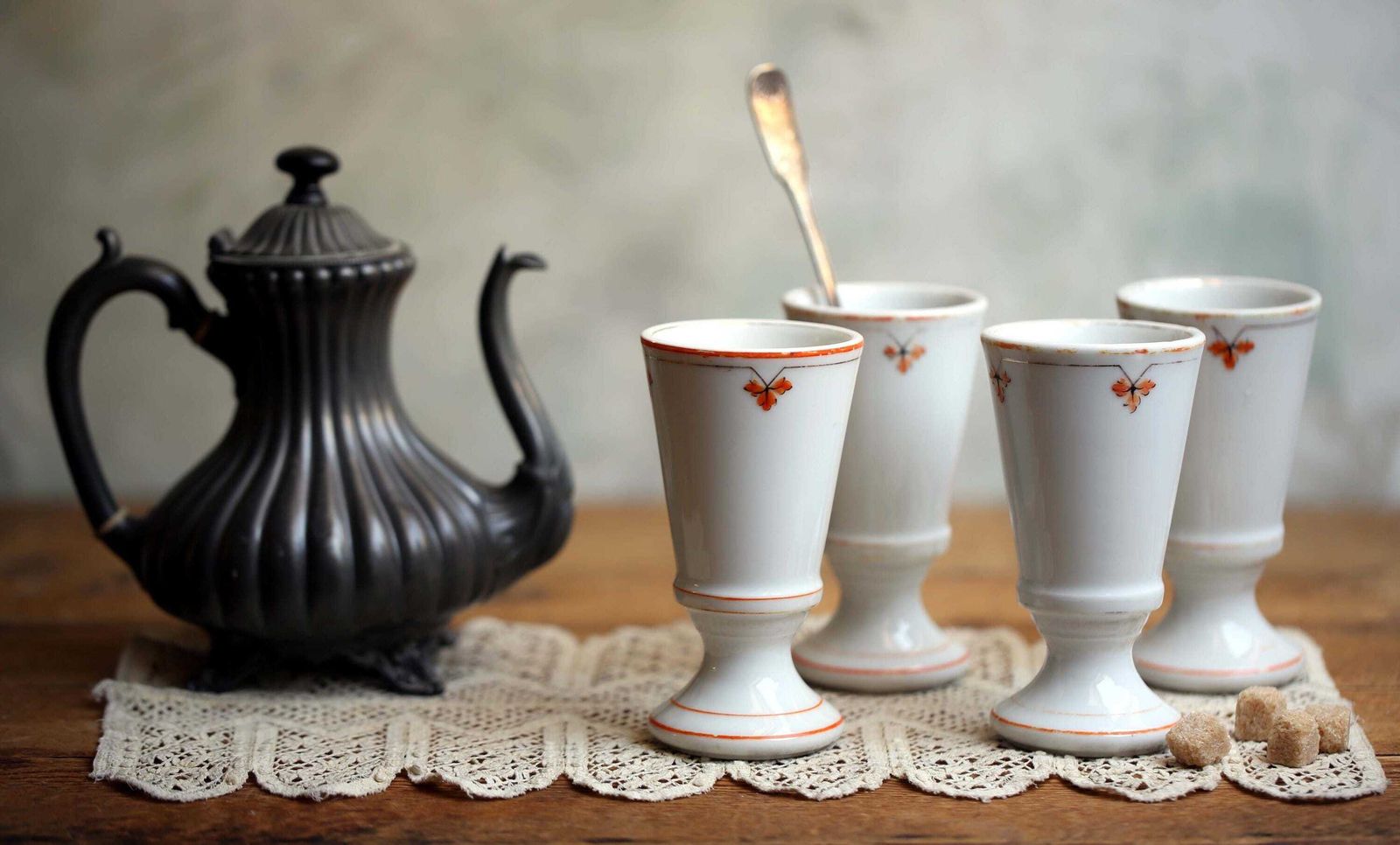 Antique French Bistro Cups Chunky Porcelain Coffee Goblets Set Of 4 photo furniture