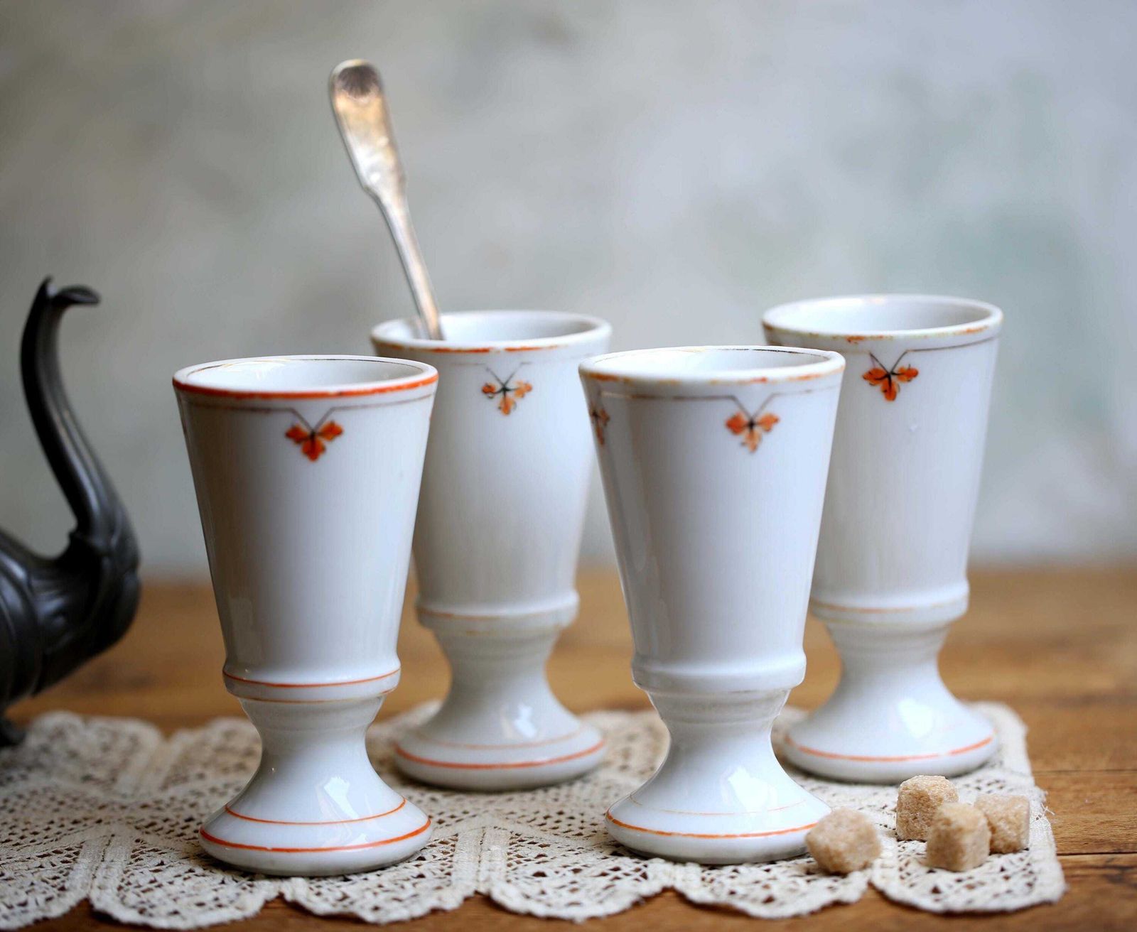Antique French Bistro Cups Chunky Porcelain Coffee Goblets Set Of 4 photo 50.0