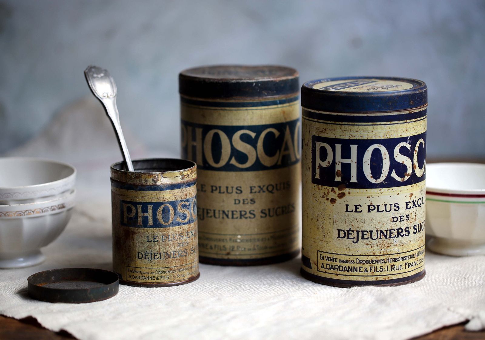 3 Antique French Phoscao Tins Chocolate Drink Canisters Old Metal Breakfast Containers photo vinterior