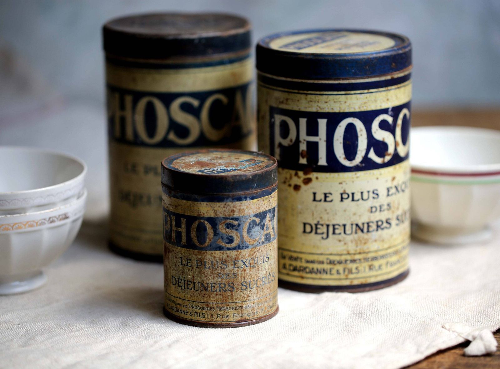 3 Antique French Phoscao Tins Chocolate Drink Canisters Old Metal Breakfast Containers photo buy