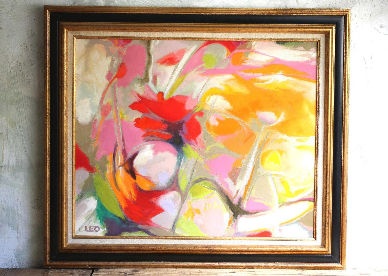 Large French Abstract Floral Oil Painting Canvas Art Flowers Framed Still Life Christian Leo
