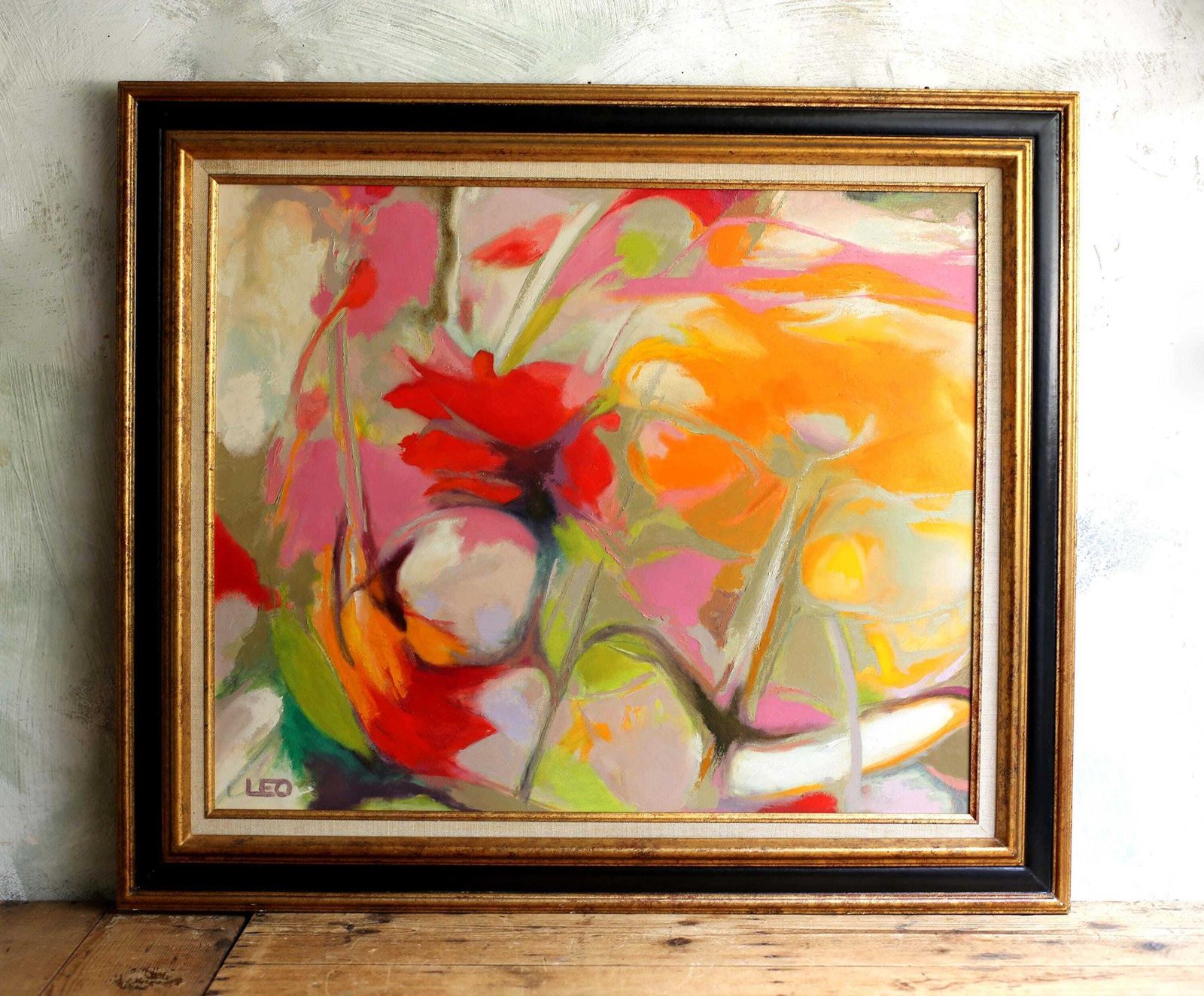 photo for sale Large French Abstract Floral Oil Painting Canvas Art Flowers Framed Still Life Christian Leo