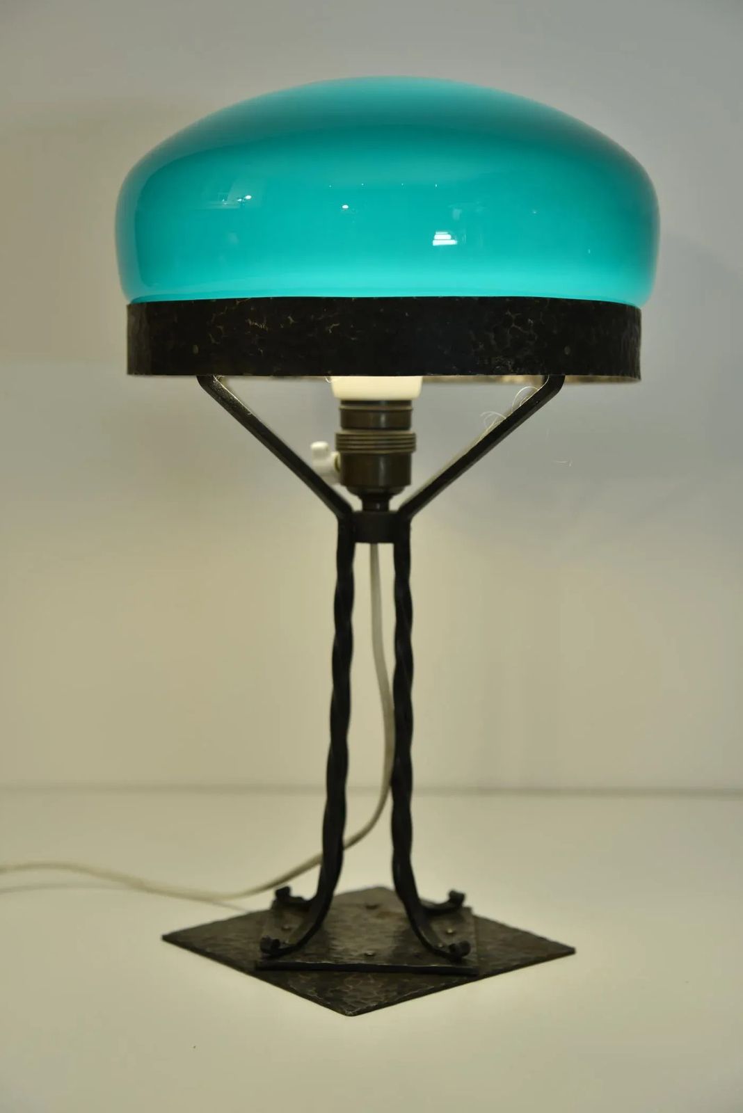 Art Nouveau Swedish Wrought Iron And Hand Blown Glass Table Lamp, 1910s photo for sale