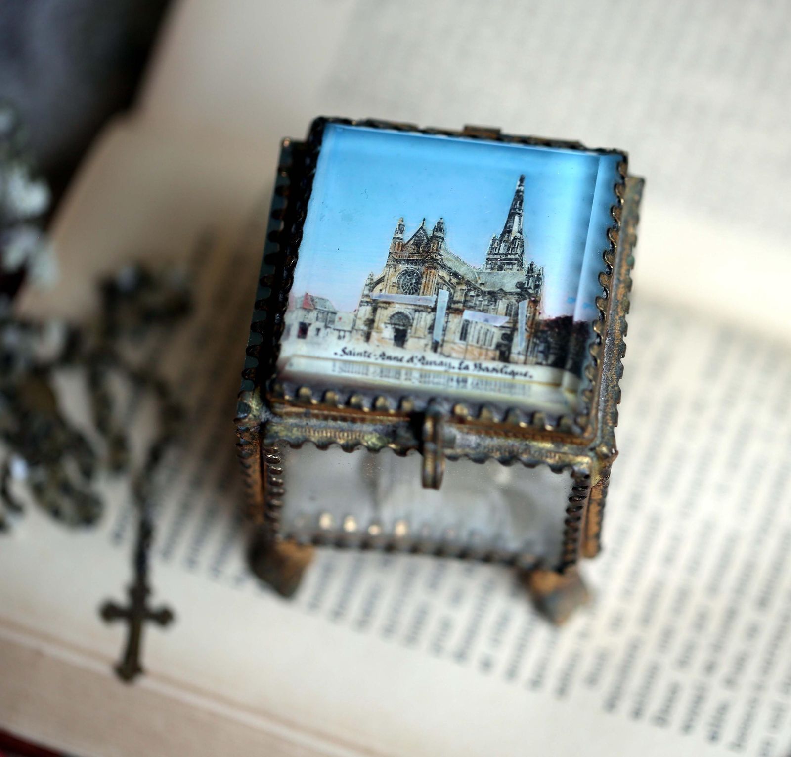 Antique French Ormolu Glass Jewelry Box Basilica Sainte Anne D'auray Souvenir photo for sale