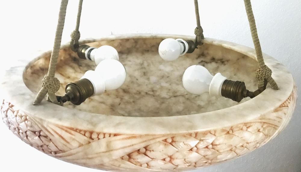 Large Art Nouveau Swedish Grace Carved Alabaster Pendant, 1920s photo Lighting