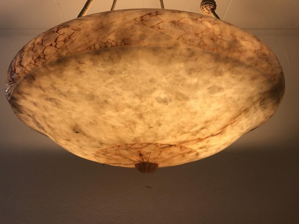 Lighting Large Art Nouveau Swedish Grace Carved Alabaster Pendant, 1920s photo