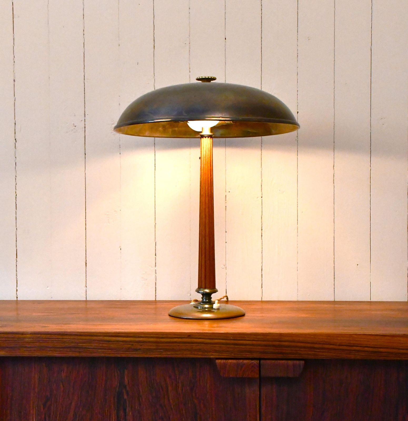 photo for sale Swedish Brass And Oak Table Lamp By Erik Tidstrand For Nordiska Kompaniet, 1940s