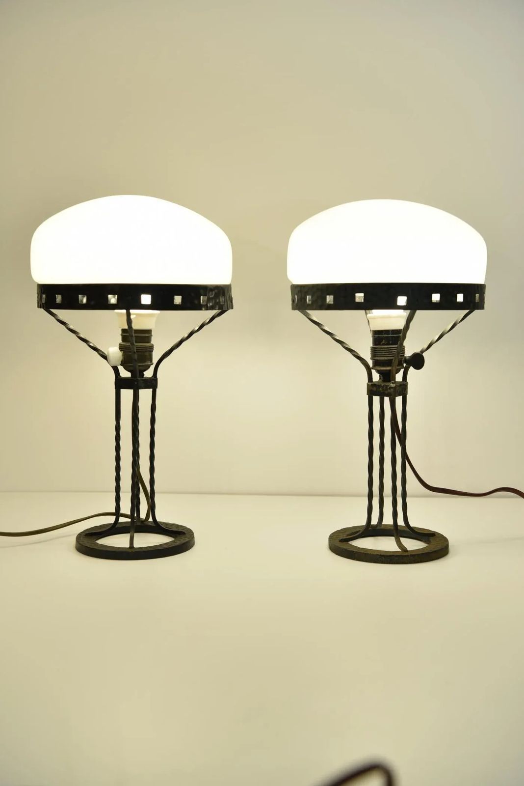 Art Noueau Swedish Wrought Iron And Blown Glass Table Lamps, 1915, Set Of 2 photo furniture