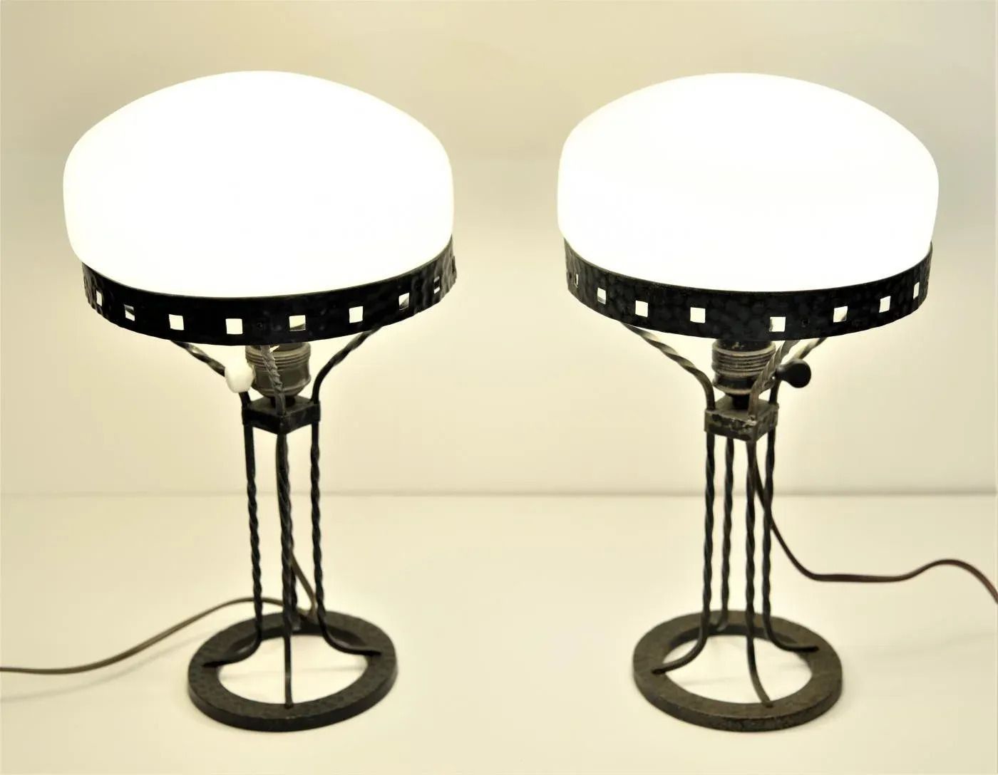 Art Noueau Swedish Wrought Iron And Blown Glass Table Lamps, 1915, Set Of 2 photo for sale