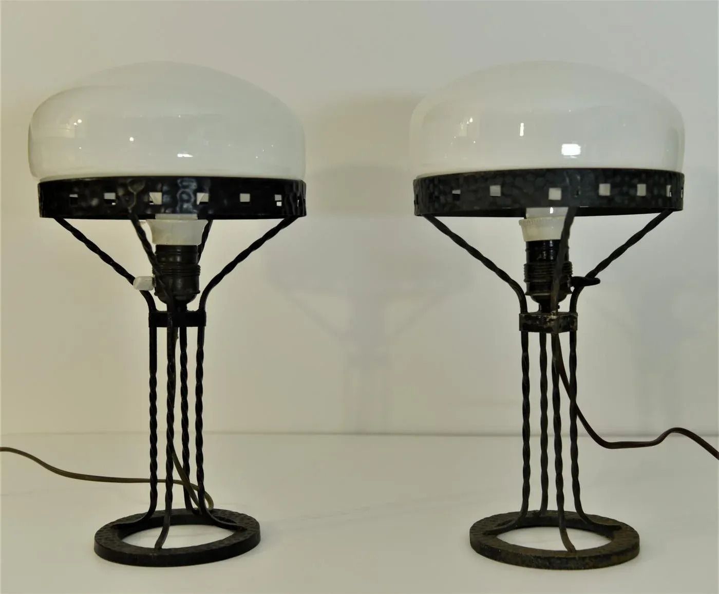 Art Noueau Swedish Wrought Iron And Blown Glass Table Lamps, 1915, Set Of 2 photo Lighting