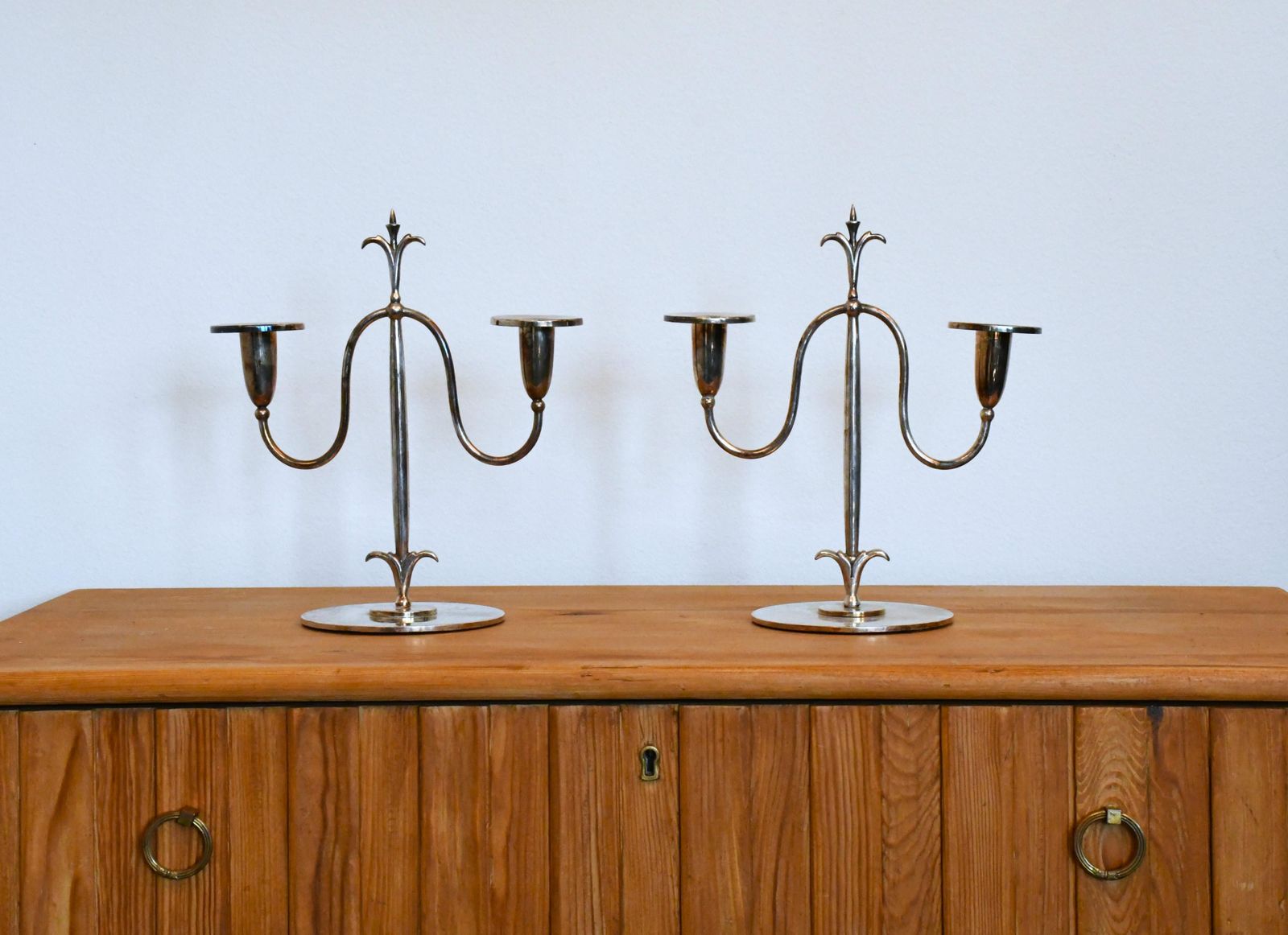 Swedish Grace Silver Plated Candelabras By Elis Bergh For C. G. Hallberg, Stockholm, 1920s, Set Of 2 photo for sale