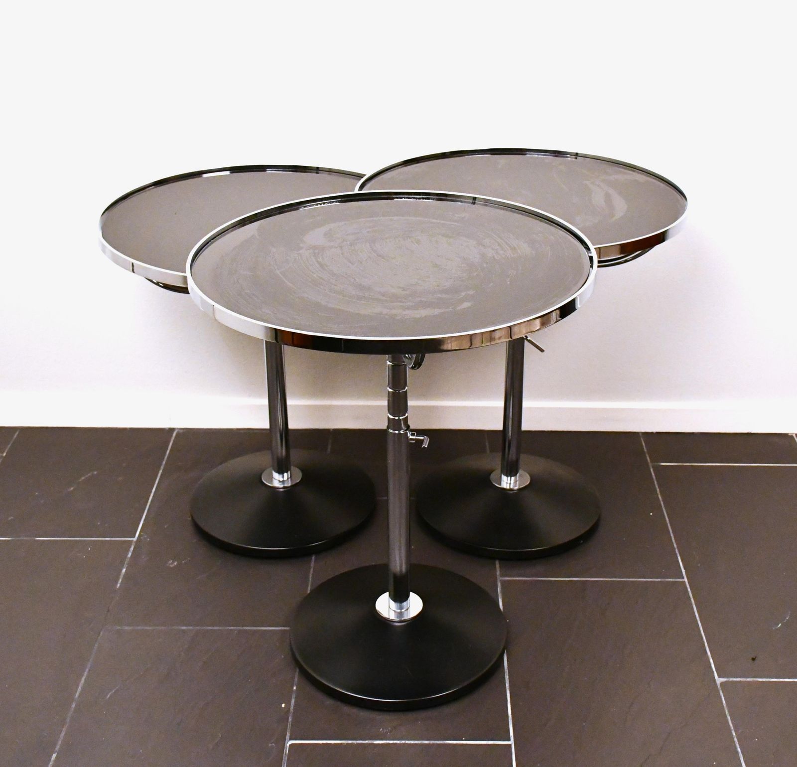 photo furniture Swedish Adjustable Glass And Chrome Steel Side Table Model Pronto From Dux, 1990s, Set Of 3