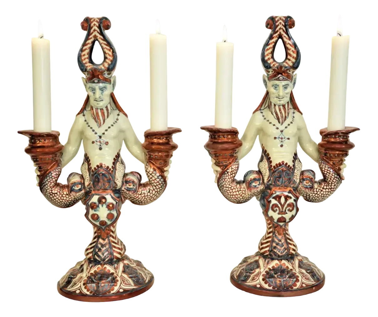 19th Century Majolica Demon Candelabras By Cantagalli, Italy, Set Of 2