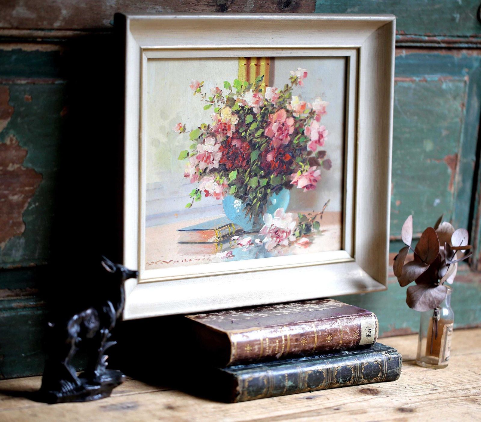 Original Vintage Oil Painting Floral Flowers Picture Pink Roses Still Life photo furniture