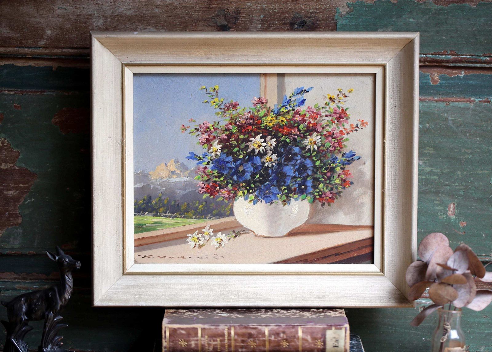 Original Vintage Oil Painting Floral Flowers Picture Still Life photo for sale