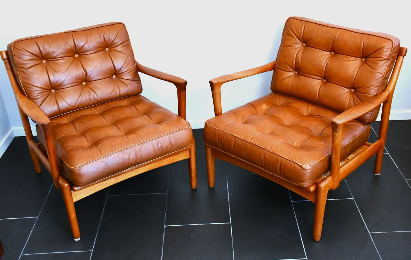 Swedish Teak And Leather Kuba Armchairs By Bertil Fridhagen For Br. Andersson, 1950s, Set Of 2 photo vintage