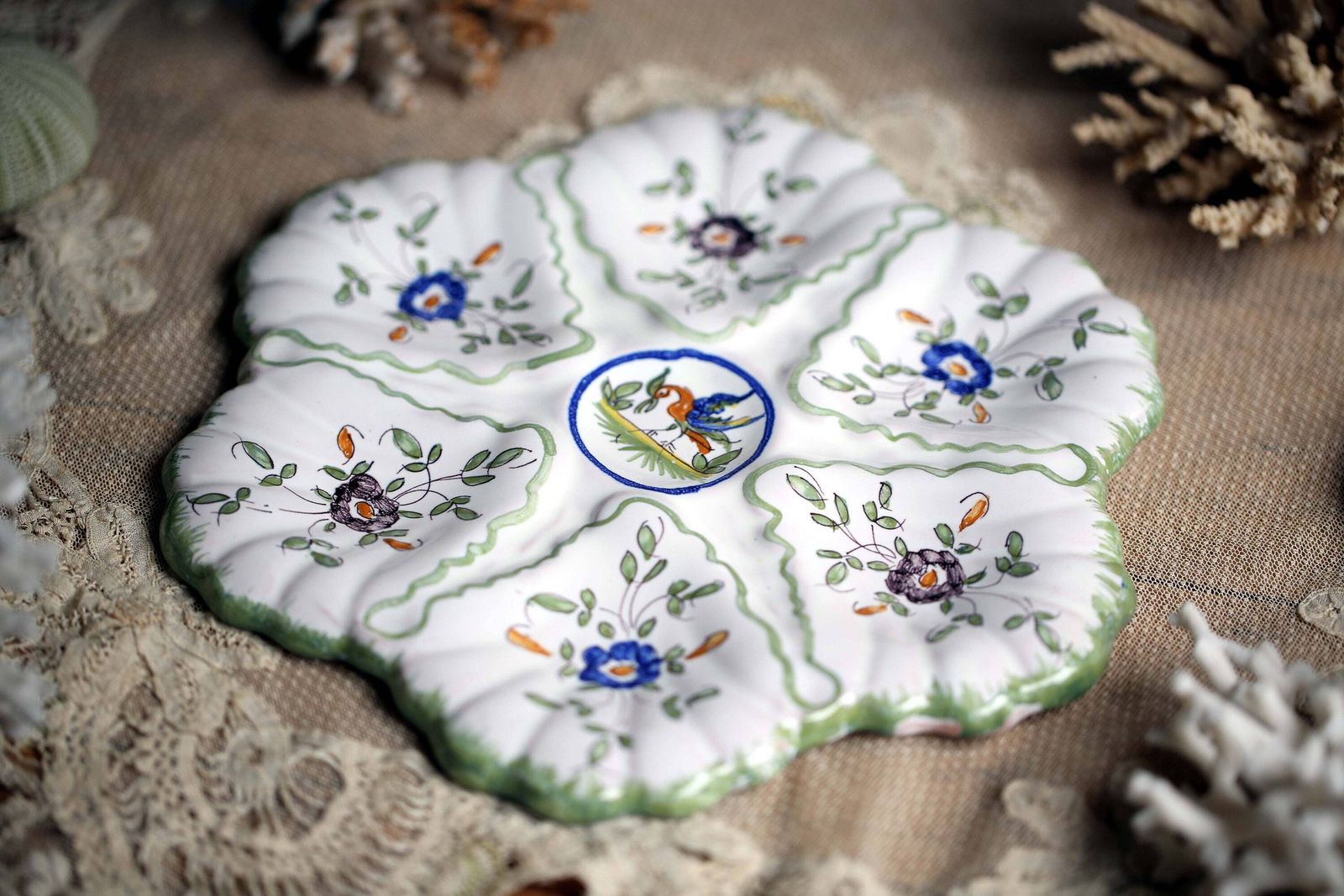 Moustiers Oyster Plate Hand Painted Floral Seafood Dish French Platter Martres Tolosanele