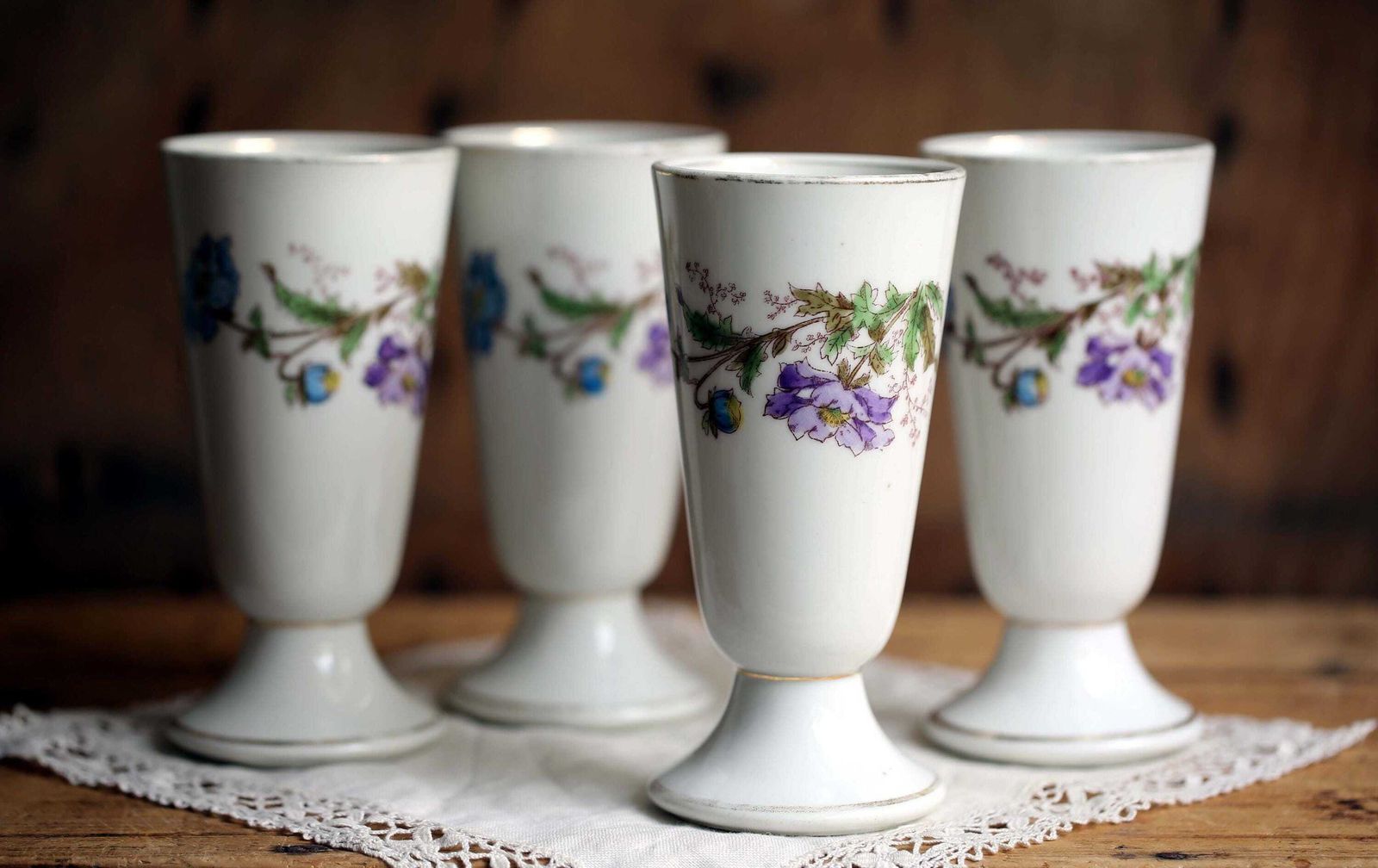 Antique French Bistro Cups   Floral Porcelain Coffee Goblets, Set Of 4