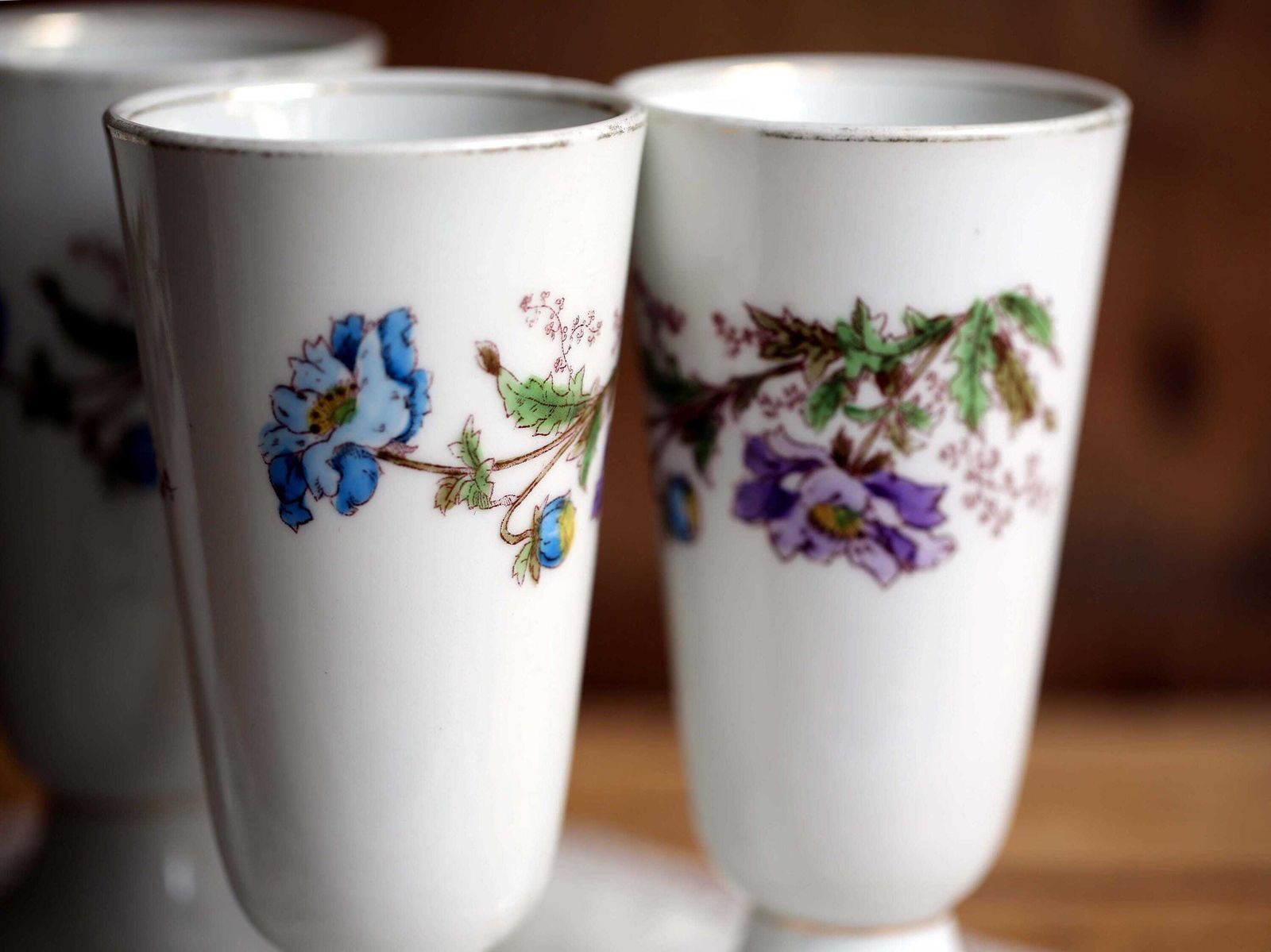 Antique French Bistro Cups   Floral Porcelain Coffee Goblets, Set Of 4 photo Home Decor