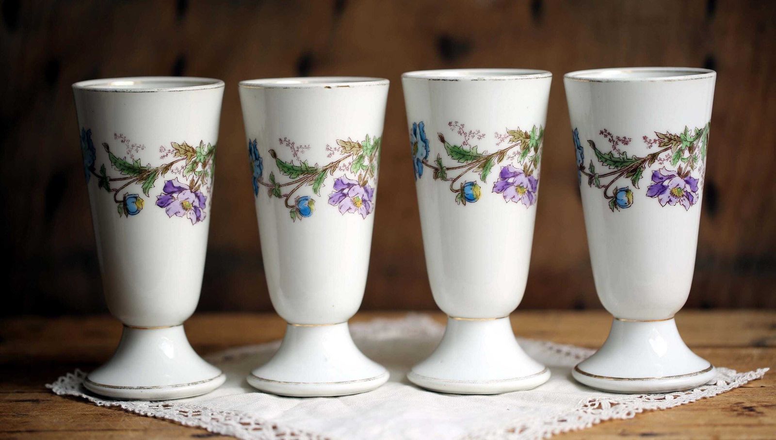 Antique French Bistro Cups   Floral Porcelain Coffee Goblets, Set Of 4 photo vintage