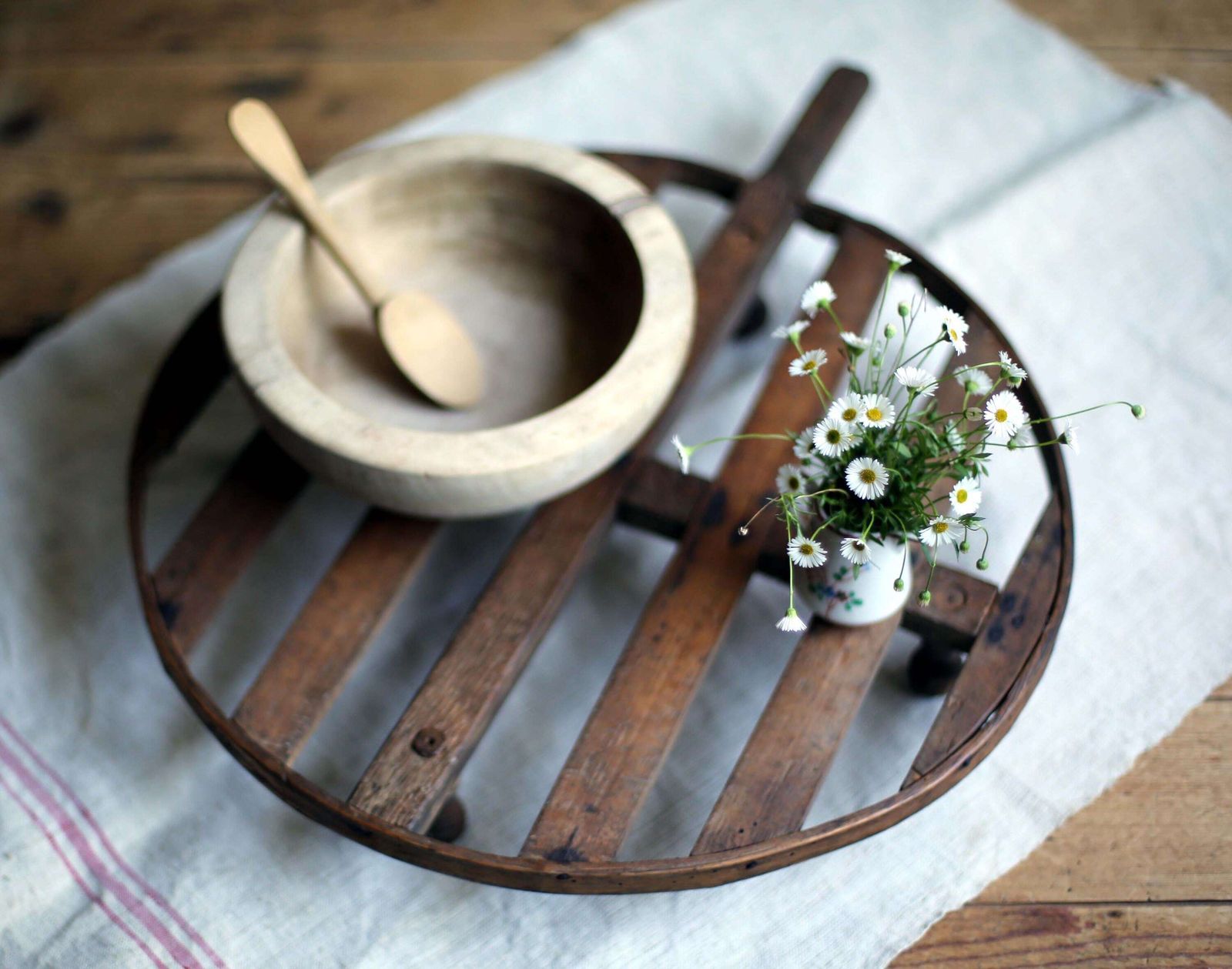 Antique Wooden Bowl Small Primitive French Dish & Carved Wood Spoon photo Home Decor