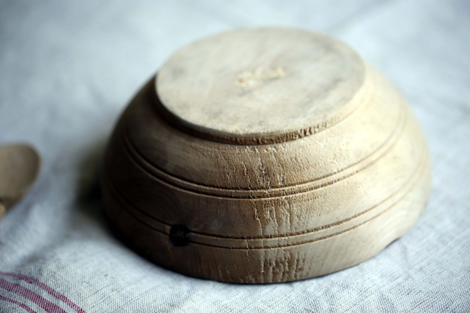 Antique Wooden Bowl Small Primitive French Dish & Carved Wood Spoon photo vintage