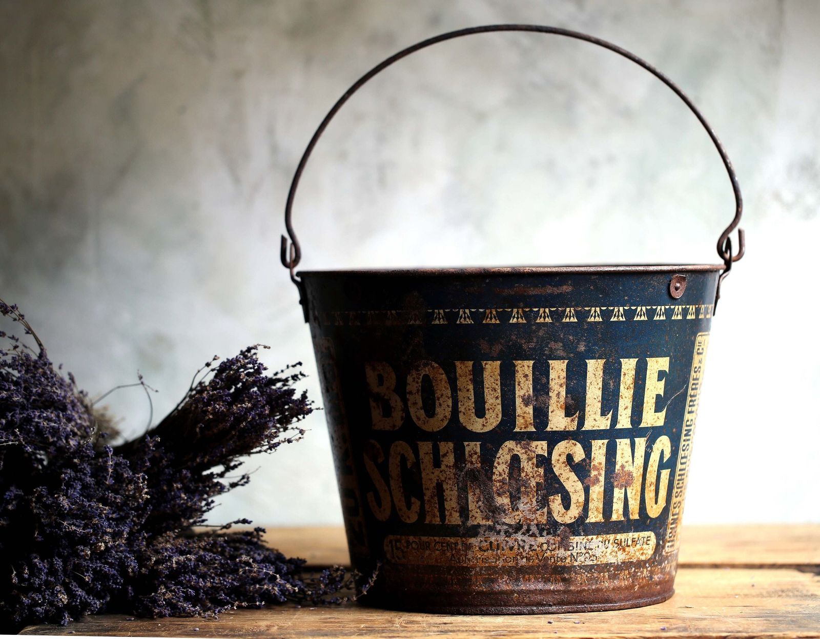 Large Vintage French Bucket Rusty Pail Rustic Metal Advertising Bouillie Schloesing